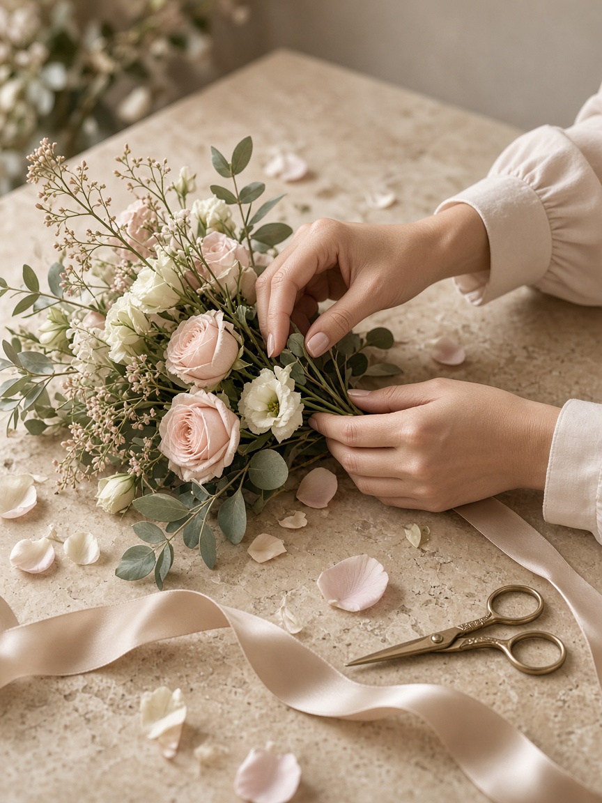Đôi tay đang chỉnh một bó hồng phấn và lá bạc hà trên bàn đá ấm.