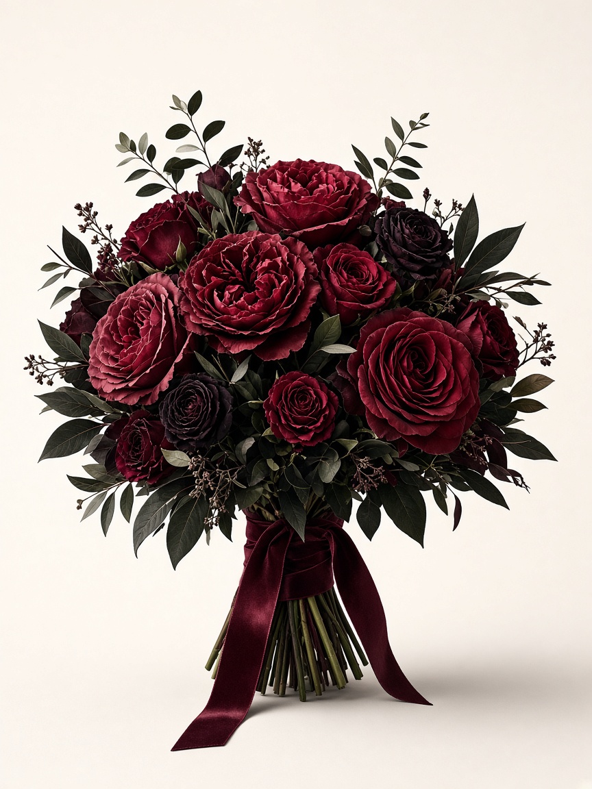 Bó hồng đỏ rượu và lá tối, buộc ruy-băng nhung burgundy.