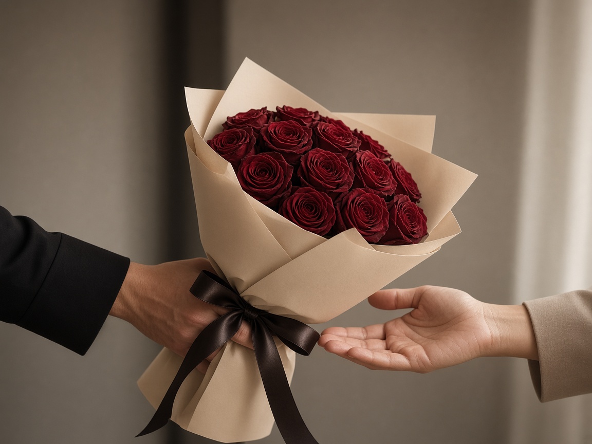 Hai bàn tay trao nhau bó hồng đỏ rượu được gói trong giấy kem.
